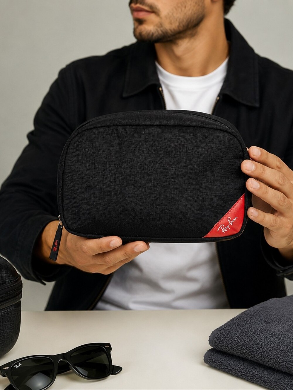 Ray-Ban Black and Red Sunglasses and Toiletry Bag Travel Bag